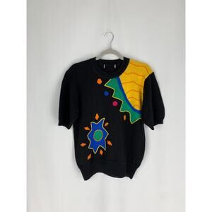Vintage Short Sleeve Artsy Geometric Sweater Womens Retro 80s Black Orange Knit